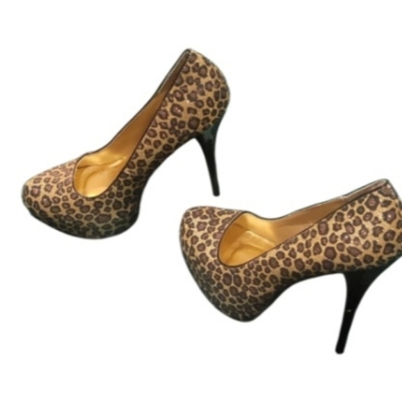 QUPID NEUTRAL 107 Gold Bronze Leopard Glitter Platform Pumps Size 8 - Picture 2 of 12